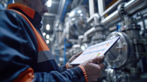 a man holding a tablet looking at a dashboard