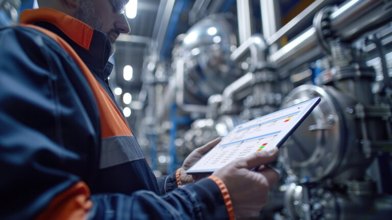 a man holding a tablet looking at a dashboard